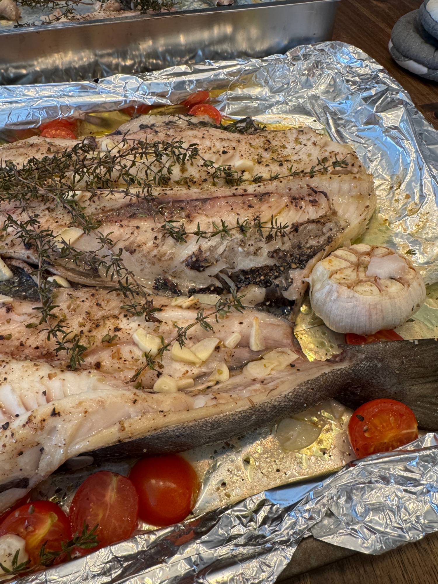 Oven-roasted black cod with thyme and garlic