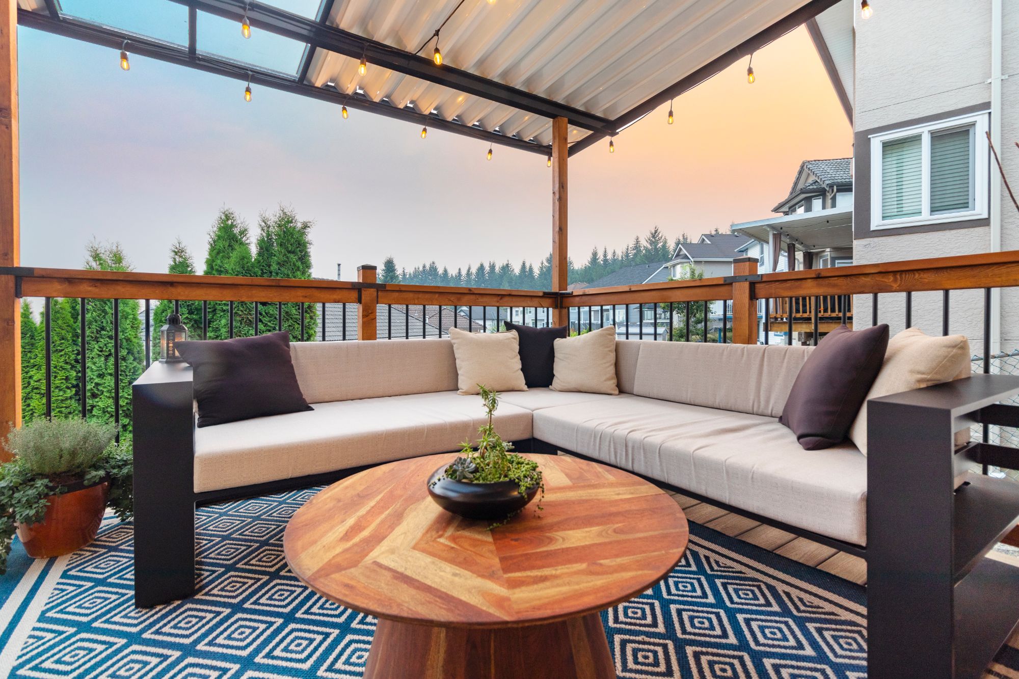 The covered deck at dusk